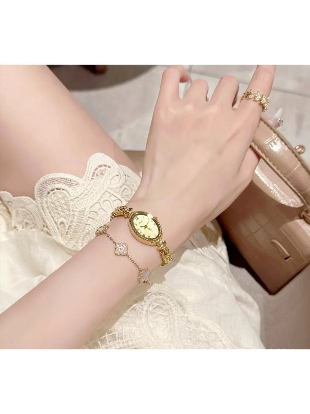 Women's Gold Oval Vintage Bracelet Small Quartz Dress Bangle Analog Watches